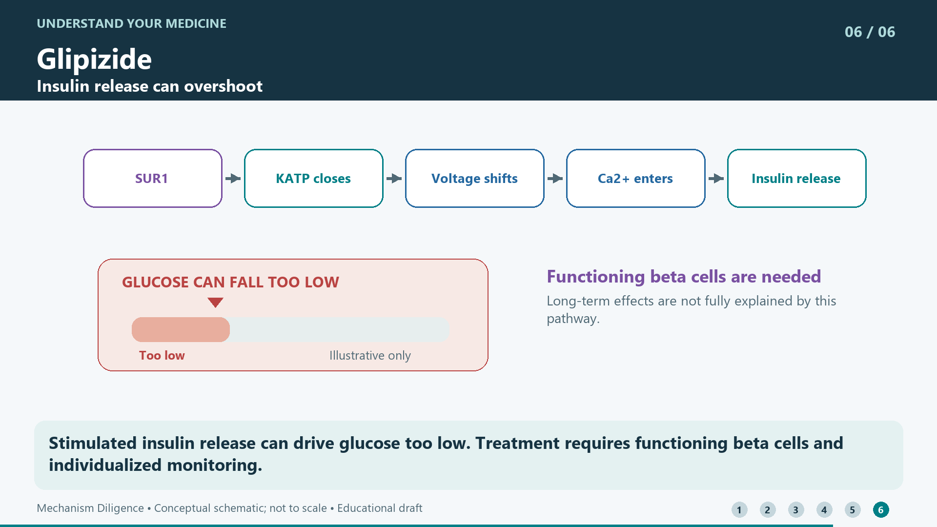 Stimulated insulin release can drive glucose too low. Treatment requires functioning beta cells and individualized monitoring.