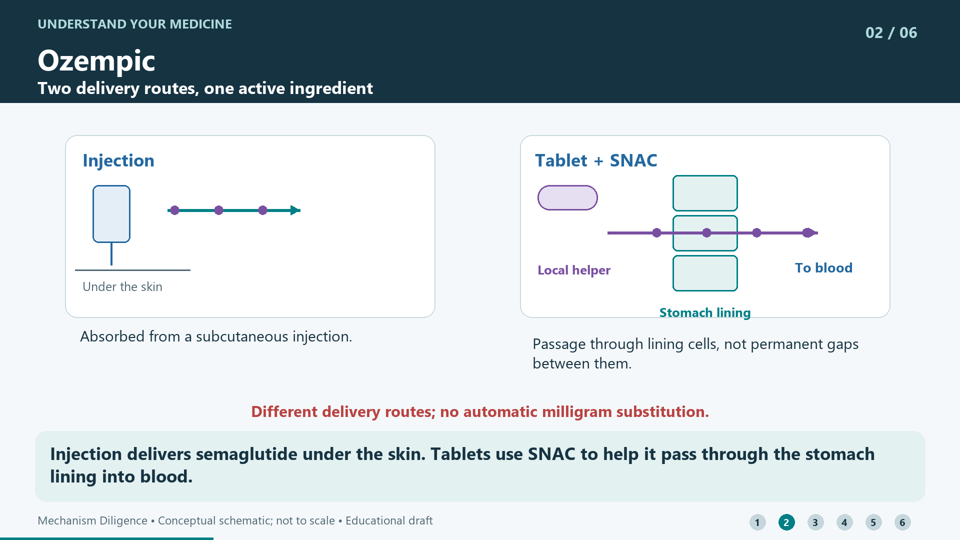 Injection delivers semaglutide under the skin. Tablets use SNAC to help it pass through the stomach lining into blood.
